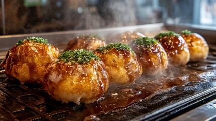 Poster - A close-up view of freshly cooked takoyaki sizzling in a hot pan, showcasing the crispy exterior and gooey octopus filling, with a sprinkle of seaweed flakes.