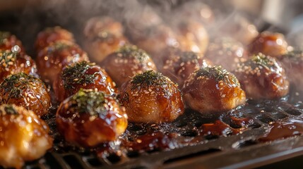 Poster - A close-up view of freshly cooked takoyaki sizzling in a hot pan, showcasing the crispy exterior and gooey octopus filling, with a sprinkle of seaweed flakes.