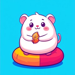 Wall Mural - A cute, cartoonish hamster sits on a colorful cushion holding a leaf, set against a bright blue background.