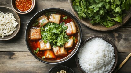 Poster - A cozy setting featuring a serving of pork belly with fish sauce, garnished with fresh herbs and accompanied by a side of sticky rice, inviting a satisfying dining experience.
