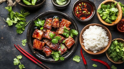 Poster - A cozy setting featuring a serving of pork belly with fish sauce, garnished with fresh herbs and accompanied by a side of sticky rice, inviting a satisfying dining experience.