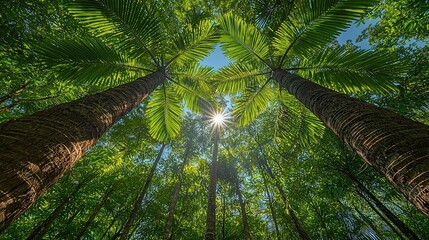 Wall Mural - lush tropical forest with sunlight filtering through palm leaves in the early afternoon