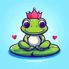 Wall Mural - A cheerful cartoon frog wearing a crown sits cross-legged on a lily pad, surrounded by hearts and sparkles against a bright blue background.