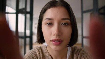 POV point of view Caucasian woman girl influencer social media scrolling mobile phone webcam at home gadget addiction female lady touch screen using smartphone touchscreen in hands browsing internet