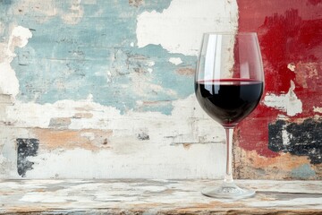 Wall Mural - A vintage-style wine glass poster with bold typography, muted colors, and intricate details of a classic glass filled with red wine