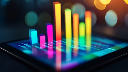 Poster - A digital bar graph on a tablet screen showing financial data with colorful rising bars against a dark background, symbolizing increasing profits