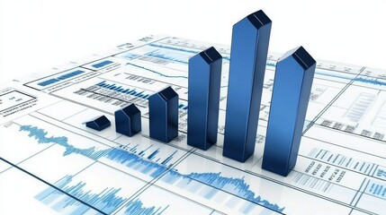 Fototapete - A digital representation of a financial bar graph with rising bars, showing a positive market trend, with abstract technology design in the background
