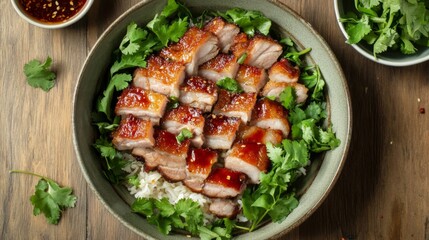 Wall Mural - A dish of crispy pork belly, the golden edges highlighted, topped with a drizzle of fish sauce and surrounded by fresh herbs, resting on a wooden surface