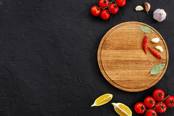 Wall Mural - Cooking layout with wooden cutting board and vegetables. Menu concept