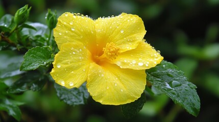 Poster - A fresh yellow flower with dew-covered petals, captured in the early morning light, with droplets delicately hanging from each petal