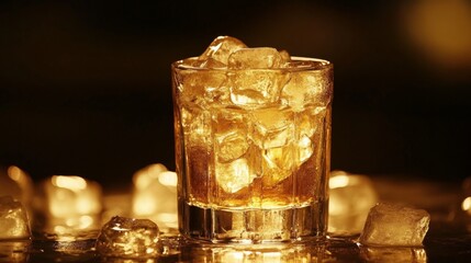 Aufkleber - A frosty beer glass filled with ice, set against a dark background with soft lighting emphasizing the transparency of the ice cubes and the golden beer