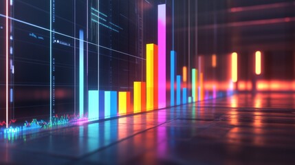 Poster - a high-tech d bar graph with sharp, colorful bars representing market performance, with soft lightin