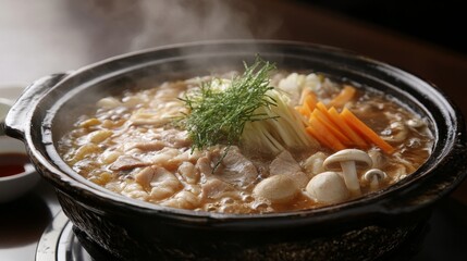 Wall Mural - A hot pot of shabu with thinly sliced pork, vegetables, and mushrooms, placed on a table with dipping sauces and steam rising from the broth