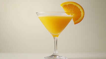 Poster - A minimalist presentation of freshly squeezed orange juice in a clear glass, with a vibrant orange slice on the rim and a clean white background for a fresh look.