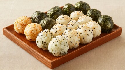 Poster - A neat arrangement of rice balls on a wooden plate, some wrapped with nori and others sprinkled with sesame seeds, against a neutral background