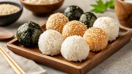 Poster - A neat arrangement of rice balls on a wooden plate, some wrapped with nori and others sprinkled with sesame seeds, against a neutral background