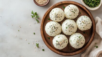 Poster - A neat arrangement of rice balls on a wooden plate, some wrapped with nori and others sprinkled with sesame seeds, against a neutral background