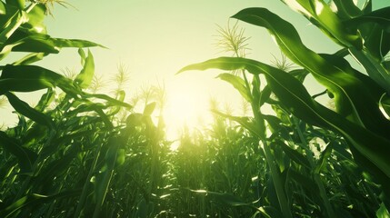 Aufkleber - A panoramic view of a vibrant green cornfield under a clear sky, with sunlight filtering through the tall plants, showcasing the vitality of the crop