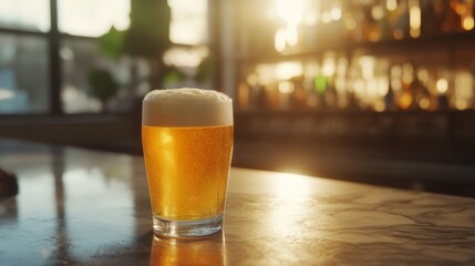 Poster - A pint glass of golden beer with a foamy top, sitting on a marble bar counter with sunlight streaming in from a nearby window, creating a relaxed, refreshing feel.
