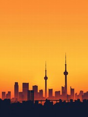 Aufkleber - Urban skyline view at sunset with iconic towers and bridges silhouetted against a vibrant orange sky. Generative AI