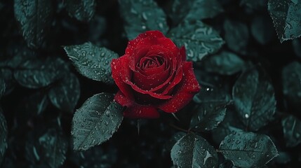 Poster - A red rose with water droplets surrounded by green leaves, photographed in soft natural light to enhance its vibrant color