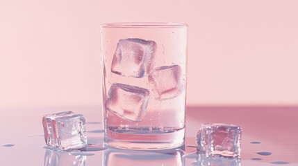 Aufkleber - A refreshing image of a cold glass of soda with large ice cubes, condensation dripping down the sides, placed on a clear, minimalist surface with soft natural light