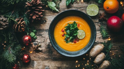 Poster - A rustic wooden table set with a bowl of spicy shrimp soup, garnished with lime and herbs, alongside fresh ingredients used in the soup for a vibrant display.