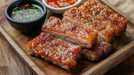 Poster - A serving of crispy pork belly fried in fish sauce, arranged on a rustic wooden plate with a side of fresh chili and garlic dipping sauce.
