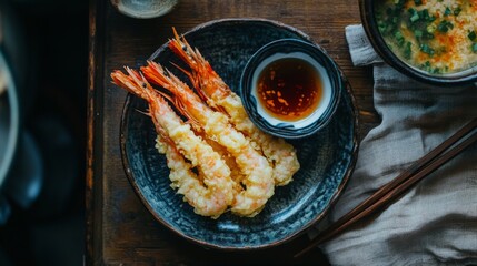 Wall Mural - A simple yet stylish plate of tempura shrimp served alongside a bowl of dipping sauce, with a rustic tablecloth and soft lighting enhancing the setting.