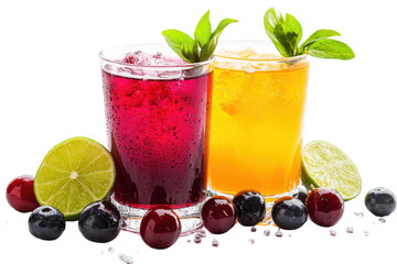 Refreshing fruit drinks with berries and lime served in clear glasses on a white background