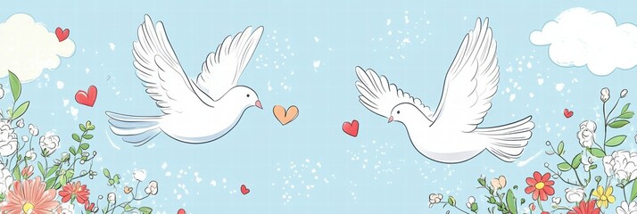 Poster - Doves flying in a bright blue sky surrounded by flowers and hearts for a peaceful and romantic atmosphere. Generative AI