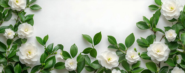 Wall Mural - White flowers frame, green leaves, white background, website header