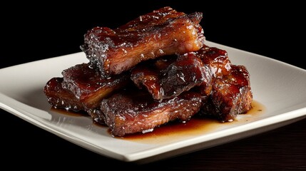 Poster - A stack of crispy bacon strips resting on a white plate, with glistening fat and a smoky, golden-brown texture.