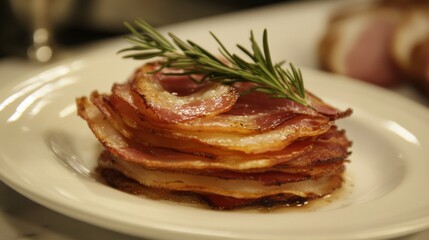 Poster - A stack of golden-brown bacon strips arranged on a white plate, with a sprig of rosemary as garnish, ready to serve.