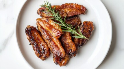 Poster - A stack of golden-brown bacon strips arranged on a white plate, with a sprig of rosemary as garnish, ready to serve.