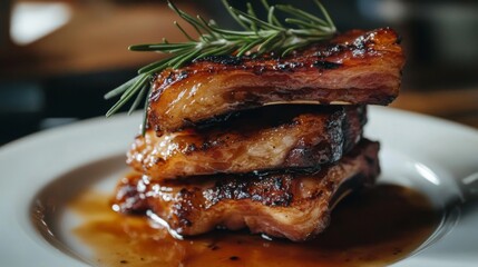 Poster - A stack of golden-brown bacon strips arranged on a white plate, with a sprig of rosemary as garnish, ready to serve.