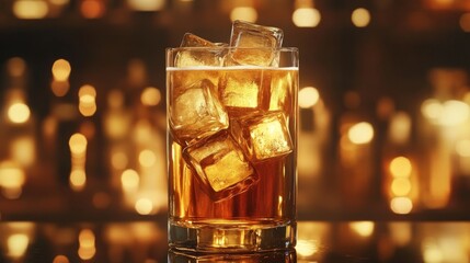 Poster - A tall glass of beer with large ice cubes inside, set on a smooth countertop with natural light reflecting off the ice and the beer's golden hue