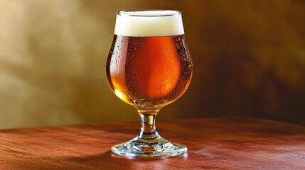 Aufkleber - A tall glass of craft beer with a rich amber hue, sitting on a rustic wooden table, illuminated by soft, warm light that enhances the beers glow.