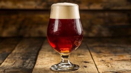 Aufkleber - A tall glass of craft beer with a rich amber hue, sitting on a rustic wooden table, illuminated by soft, warm light that enhances the beers glow.