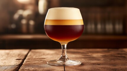 Aufkleber - A tall glass of craft beer with a rich amber hue, sitting on a rustic wooden table, illuminated by soft, warm light that enhances the beers glow.