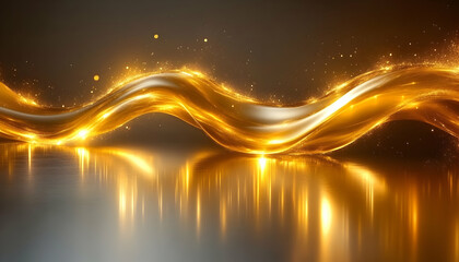 Poster - Golden liquid wave, dark background, reflection, luxury ad
