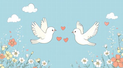 Aufkleber - Two white birds with outstretched wings surrounded by flowers and hearts on a pastel blue background. Generative AI
