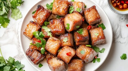 Poster - A top-down view of crispy pork belly on a white plate, garnished with coriander and chili peppers, ready to be enjoyed with a small bowl of fish sauce on the side.