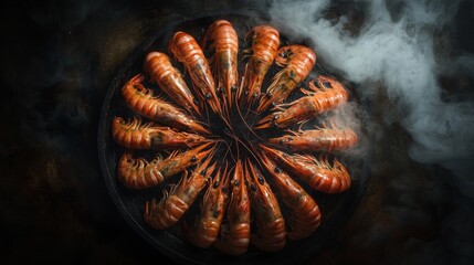 Poster - A top-down view of large grilled prawns arranged in a circle on a platter, with steam rising and a golden-brown char on the prawns shells.