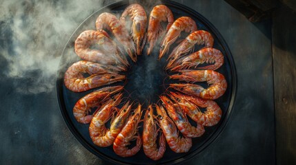 Poster - A top-down view of large grilled prawns arranged in a circle on a platter, with steam rising and a golden-brown char on the prawns shells.