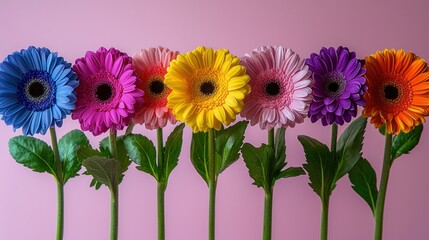 Wall Mural - Rainbow Gerbera Daisies Pink Background Floral Studio Shot.