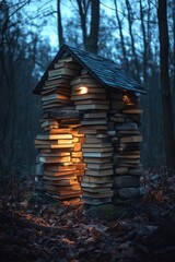 Wall Mural - Lighted book house, forest setting, magical.