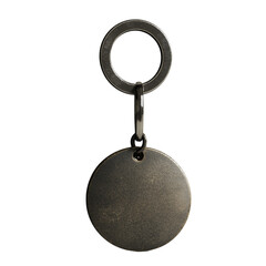 Aufkleber - The image shows a dark metallic round keychain with a simple ring; the circular tag is blank.