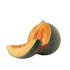 Poster - A ripe cantaloupe melon is shown cut in half with a separate slice, showcasing its orange flesh and green rind.