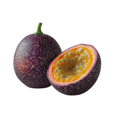 Poster - A single whole passion fruit and a half showing its vibrant yellow pulp and numerous seeds against a simple background.